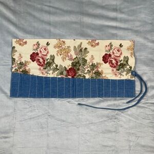 Floral Print Denim Roll Up Paint Brush Jewelry Make Up Organizer Pouch Holder